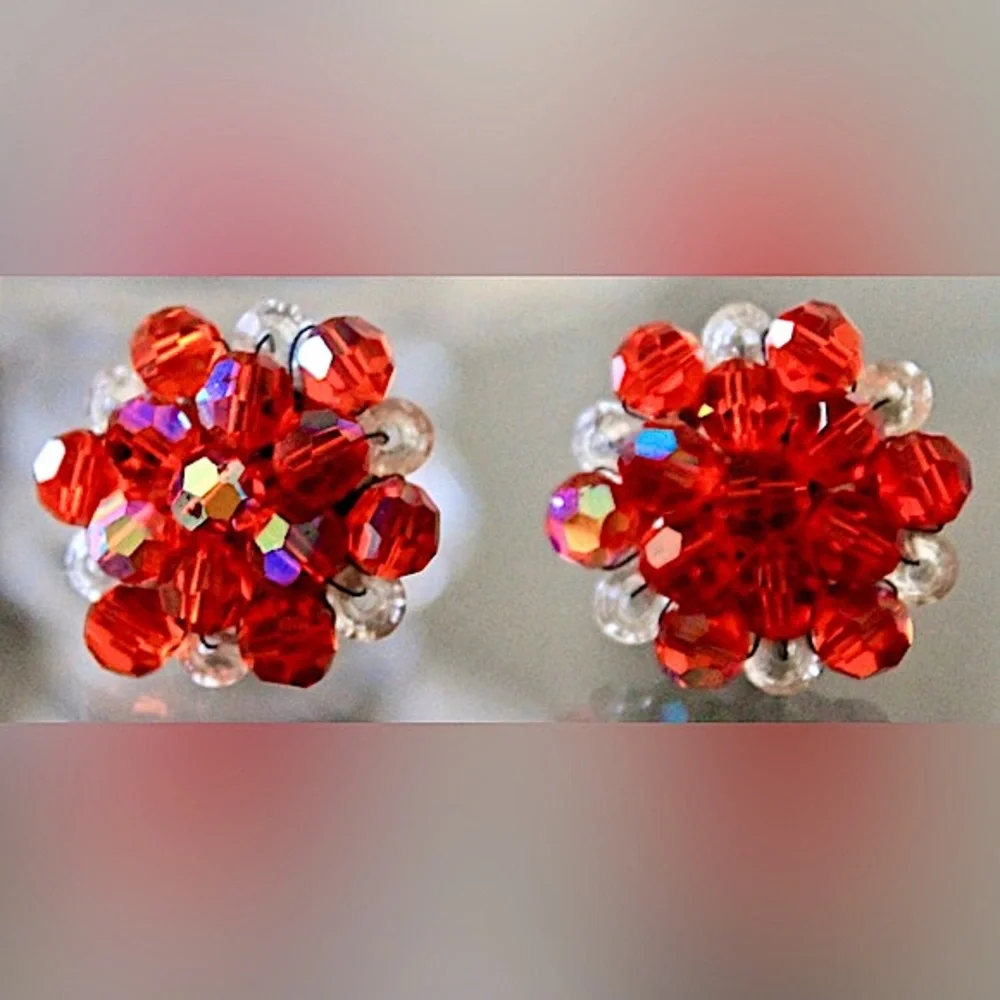 LAGUNA NECKLACE BRACELET EARRING VINTAGE 3PC SET ORANGE & CLEAR AURORA BOREALIS - Picture 6 of 11